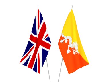 National fabric flags of Great Britain and Kingdom of Bhutan isolated on white background. 3d rendering illustration.