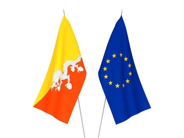 National Fabric Flags European Union Kingdom Bhutan Isolated White Background — Stock Fotó