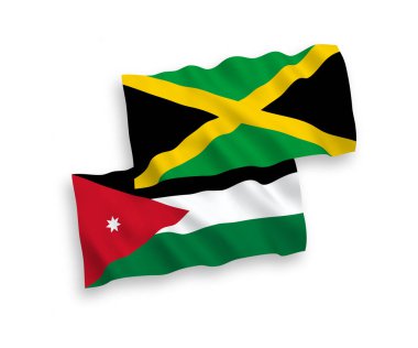National vector fabric wave flags of Hashemite Kingdom of Jordan and Jamaica isolated on white background. 1 to 2 proportion.