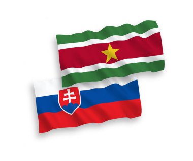 National vector fabric wave flags of Slovakia and Republic of Suriname isolated on white background. 1 to 2 proportion.