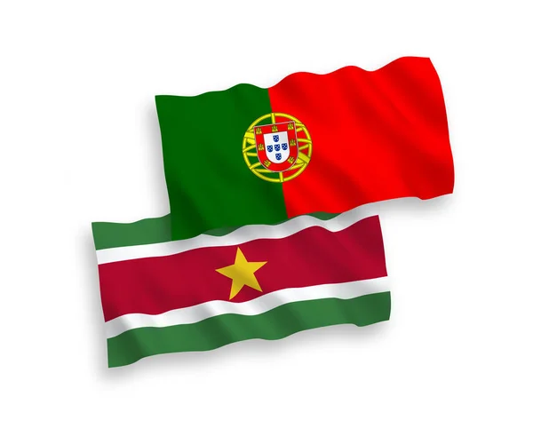 National Vector Fabric Wave Flags Portugal Republic Suriname Isolated White — Vettoriale Stock