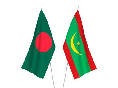 Bangladeş 'in ulusal kumaş bayrakları ve Moritanya İslam Cumhuriyeti beyaz arka planda izole edildi. 3d resimleme.