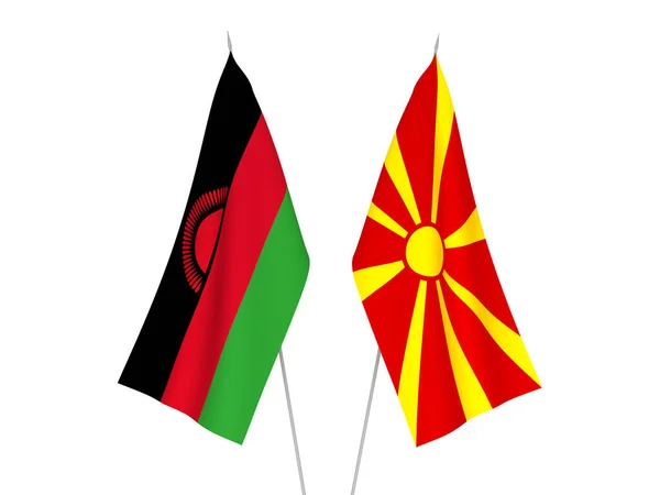 Banderas Nacionales Tela Macedonia Del Norte Malawi Aisladas Sobre Fondo —  Fotos de Stock