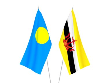 Beyaz arka planda Palau ve Brunei 'nin ulusal kumaş bayrakları izole edildi. 3d resimleme.