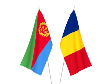 Romanya ve Eritre 'nin ulusal kumaş bayrakları beyaz arka planda izole edildi. 3d resimleme.