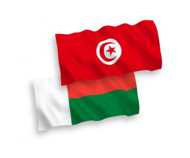 Tunus Cumhuriyeti ve Madagaskar 'ın ulusal taşıyıcı kumaş bayrakları beyaz arka planda izole edildi. 1 'e 2 oranında.