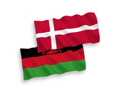 Beyaz arka planda Danimarka ve Malavi 'nin ulusal taşıyıcı kumaş bayrakları izole edildi. 1 'e 2 oranında.