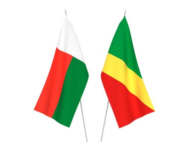 Madagaskar ve Kongo Cumhuriyeti 'nin ulusal kumaş bayrakları beyaz arka planda izole edilmiştir. 3d resimleme.