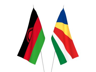 Beyaz arka planda Seyşeller ve Malavi 'nin ulusal kumaş bayrakları izole edildi. 3d resimleme.