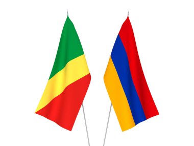 Beyaz arka planda Ermenistan ve Kongo Cumhuriyeti 'nin ulusal kumaş bayrakları izole edildi. 3d resimleme.