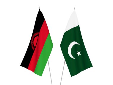 Beyaz arka planda Pakistan ve Malavi 'nin ulusal kumaş bayrakları izole edildi. 3d resimleme.