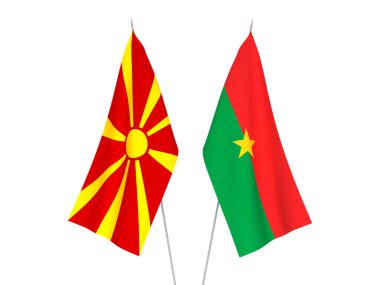 Kuzey Makedonya ve Burkina Faso 'nun ulusal kumaş bayrakları beyaz arka planda izole edildi. 3d resimleme.