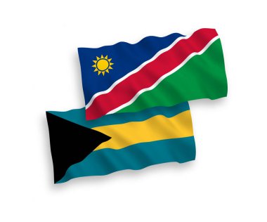 Beyaz arka planda Namibya Cumhuriyeti ve Bahamalar Cumhuriyeti 'nin ulusal taşıyıcı kumaş bayrakları var. 1 'e 2 oranında.