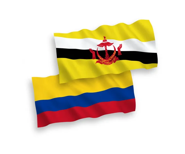 文莱和哥伦比亚的国家病媒织物波条旗在白色背景下隔离 1比2的比例 — 图库矢量图片