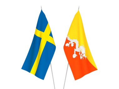 Beyaz arka planda İsveç ve Butan Krallığının ulusal kumaş bayrakları izole edildi. 3d resimleme.