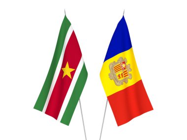 Beyaz arka planda Andorra ve Surinam 'ın ulusal kumaş bayrakları izole edildi. 3d resimleme.