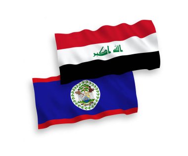 Belize ve Irak 'ın ulusal taşıyıcı kumaş bayrakları beyaz arka planda izole edildi. 1 'e 2 oranında.