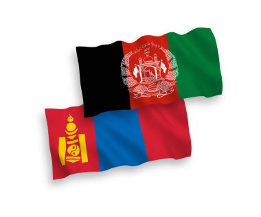 Afganistan İslam Cumhuriyeti ve Moğolistan 'ın ulusal taşıyıcı kumaş bayrakları beyaz arka planda izole edildi. 1 'e 2 oranında.