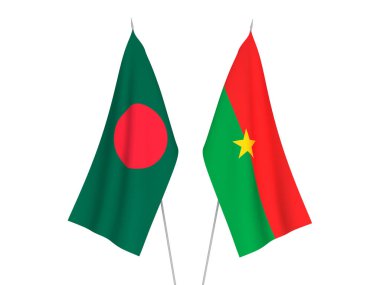 Bangladeş ve Burkina Faso 'nun ulusal kumaş bayrakları beyaz arka planda izole edildi. 3d resimleme.