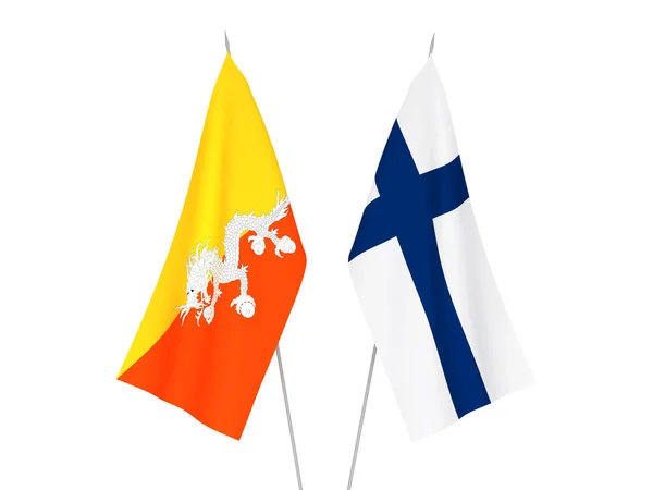 Εθνικές Σημαίες Υφάσματος Του Βασιλείου Του Μπουτάν Και Της Φινλανδίας — Φωτογραφία Αρχείου