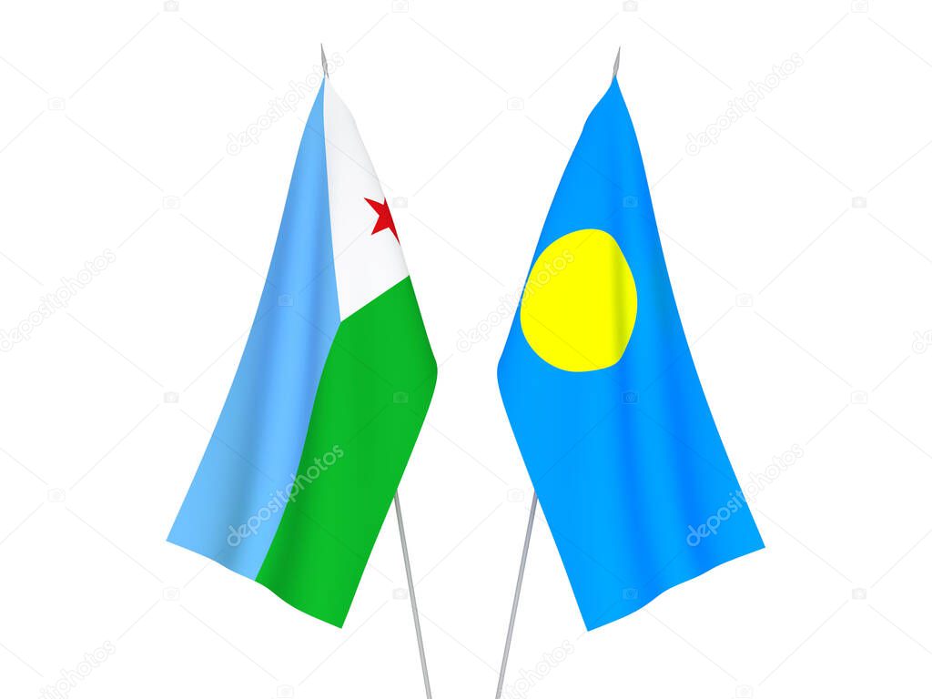 National fabric flags of Palau and Republic of Djibouti isolated on white background. 3d rendering illustration.