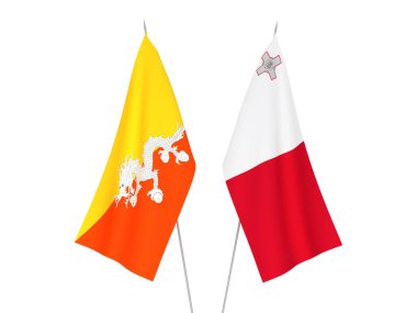 Beyaz arka planda Bhutan ve Malta Krallığının ulusal kumaş bayrakları izole edildi. 3d resimleme.