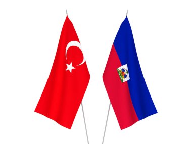 Beyaz arka planda, Haiti Cumhuriyeti ve Türkiye 'nin ulusal kumaş bayrakları izole edildi. 3d resimleme.