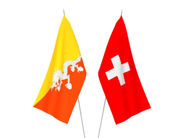 Svájci Bhutáni Királyság Nemzeti Szövetzászlói Fehér Alapon Elszigetelve Renderelés Illusztráció — Stock Fotó