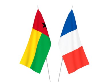 Beyaz arka planda Fransa ve Gine Bissau Cumhuriyeti 'nin ulusal kumaş bayrakları izole edildi. 3d resimleme.