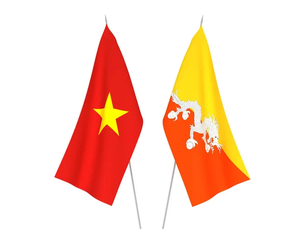 Národní Textilní Vlajky Vietnamu Království Bhútán Izolované Bílém Pozadí Vykreslování — Stock fotografie