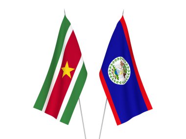 Surinam ve Belize 'nin ulusal kumaş bayrakları beyaz arka planda izole edildi. 3d resimleme.