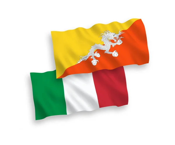 Национальные Векторные Ткани Волновые Флаги Италии Королевства Бутан Выделены Белом — стоковый вектор