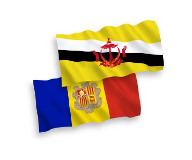 Beyaz arka planda Brunei ve Andorra 'nın ulusal taşıyıcı kumaş bayrakları izole edildi. 1 'e 2 oranında.