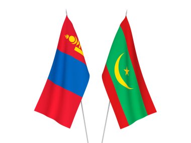 Moğolistan 'ın ulusal kumaş bayrakları ve Moritanya İslam Cumhuriyeti beyaz arka planda izole edildi. 3d resimleme.