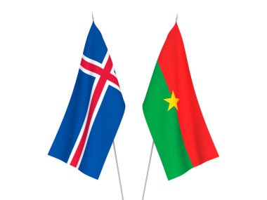 İzlanda ve Burkina Faso 'nun ulusal kumaş bayrakları beyaz arka planda izole edildi. 3d resimleme.