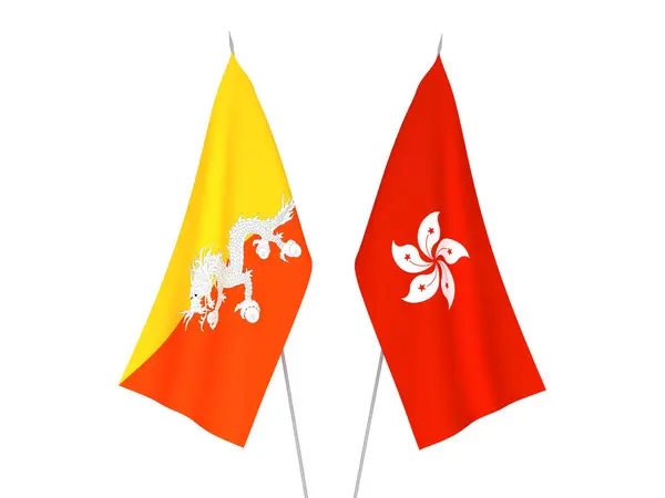 Nationell Tyg Flaggor Hongkong Och Konungariket Bhutan Isolerad Vit Bakgrund — Stockfoto