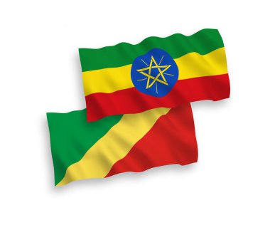 Kongo Cumhuriyeti ve Etiyopya 'nın ulusal taşıyıcı kumaş bayrakları beyaz arka planda izole edildi. 1 'e 2 oranında.