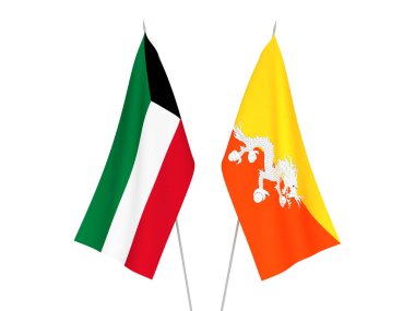 Kuveyt 'in ulusal kumaş bayrakları ve Bhutan Krallığı beyaz arka planda izole edildi. 3d resimleme.