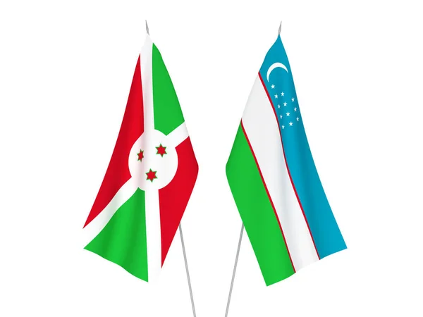 Drapeaux Nationaux Tissu Ouzbékistan Burundi Isolés Sur Fond Blanc Illustration — Photo