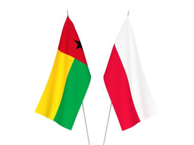 Beyaz arka planda Gine Bissau ve Polonya 'nın ulusal kumaş bayrakları izole edildi. 3d resimleme.