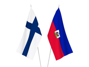 Haiti Cumhuriyeti ve Finlandiya 'nın ulusal kumaş bayrakları beyaz arka planda izole edilmiştir. 3d resimleme.