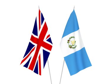 Beyaz arka planda Büyük Britanya ve Guatemala Cumhuriyeti 'nin ulusal kumaş bayrakları izole edildi. 3d resimleme.
