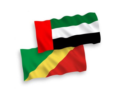 Kongo Cumhuriyeti ve Birleşik Arap Emirlikleri 'nin ulusal taşıyıcı kumaş bayrakları beyaz arka planda izole edilmiştir. 1 'e 2 oranında.