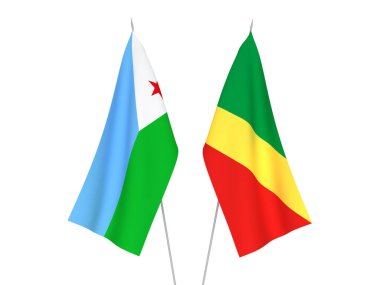 Beyaz arka planda Kongo Cumhuriyeti ve Cibuti Cumhuriyeti 'nin ulusal kumaş bayrakları izole edildi. 3d resimleme.