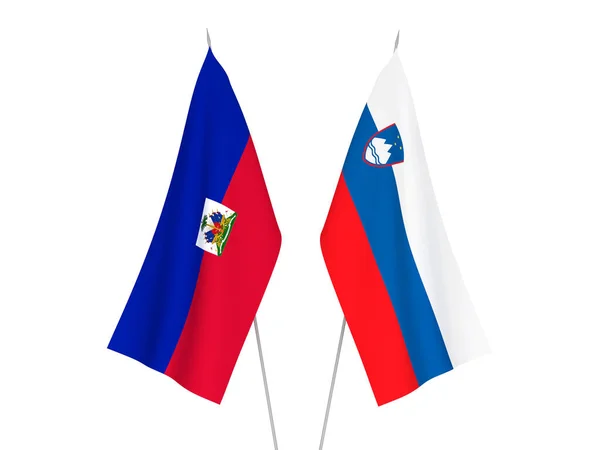 Nationale Stoffen Vlaggen Van Slovenië Republiek Haïti Geïsoleerd Witte Achtergrond — Stockfoto