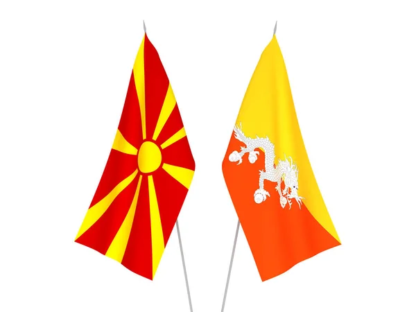 Banderas Nacionales Tela Macedonia Del Norte Reino Bután Aisladas Sobre —  Fotos de Stock