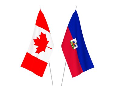 Beyaz arka planda, Haiti Cumhuriyeti ve Kanada 'nın ulusal kumaş bayrakları izole edildi. 3d resimleme.