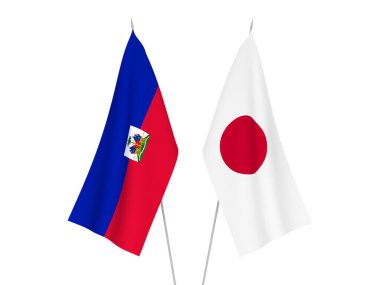 Beyaz arka planda Japonya ve Haiti Cumhuriyeti 'nin ulusal kumaş bayrakları izole edildi. 3d resimleme.