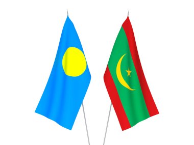 Beyaz arka planda Palau 'nun ulusal kumaş bayrakları ve Moritanya İslam Cumhuriyeti izole edildi. 3d resimleme.