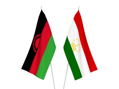 Beyaz arka planda Tacikistan ve Malawi 'nin ulusal kumaş bayrakları izole edildi. 3d resimleme.
